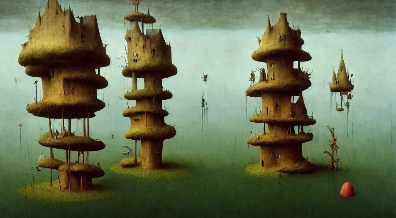 Image similar to single flooded simple!! fungus wooden tower, very coherent and colorful high contrast masterpiece by franz sedlacek hieronymus bosch dean ellis simon stalenhag rene magritte gediminas pranckevicius, dark shadows, sunny day, hard lighting