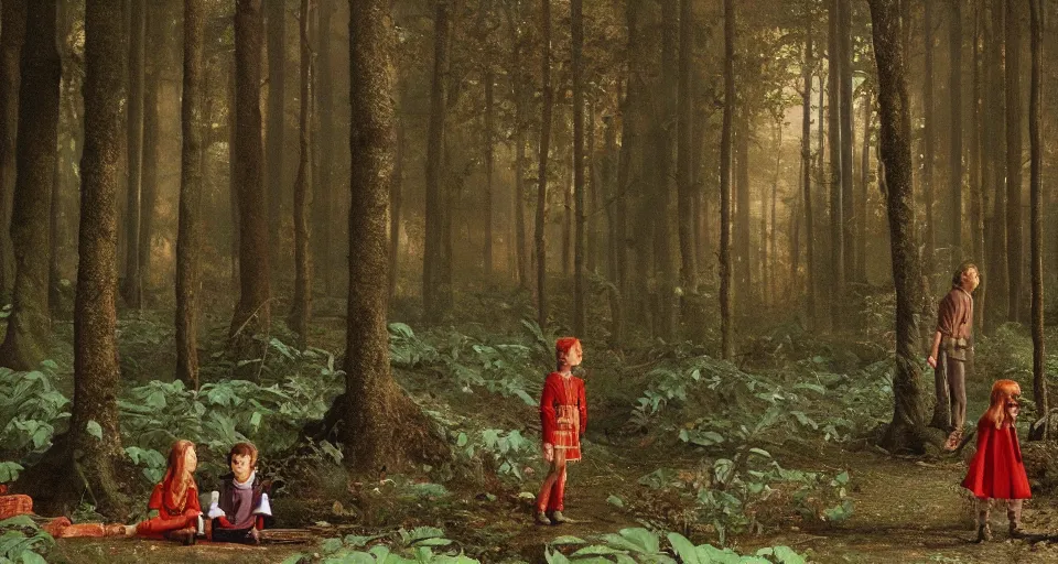 Image similar to Enchanted and magic forest, by Wes Anderson,