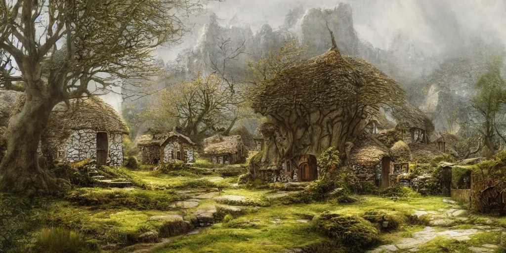 Image similar to a small serene fantasy village on the edge of the woods, by alan lee, lord of the rings, smooth, detailed terrain, oil painting, matte painting, concept art, trending on artstation