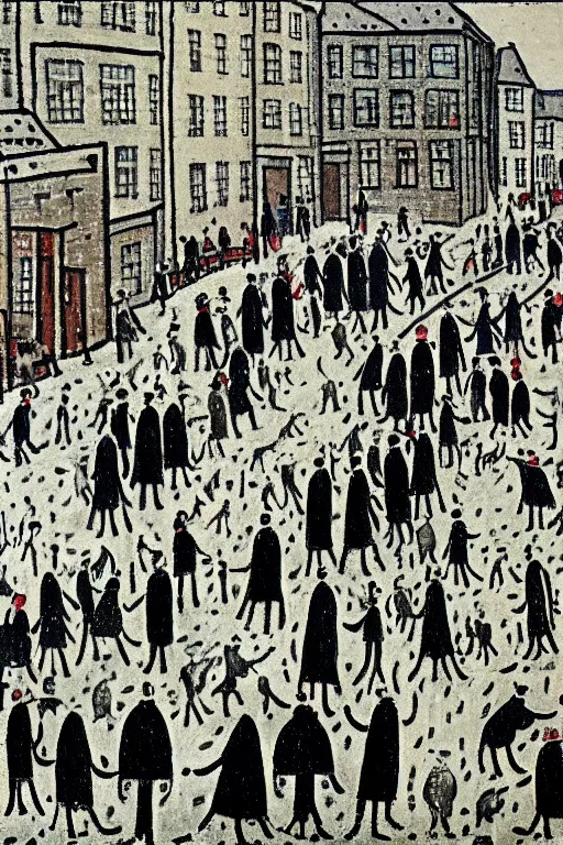 a busy street at Christmas Eve drawn by LS Lowry Stable Diffusion