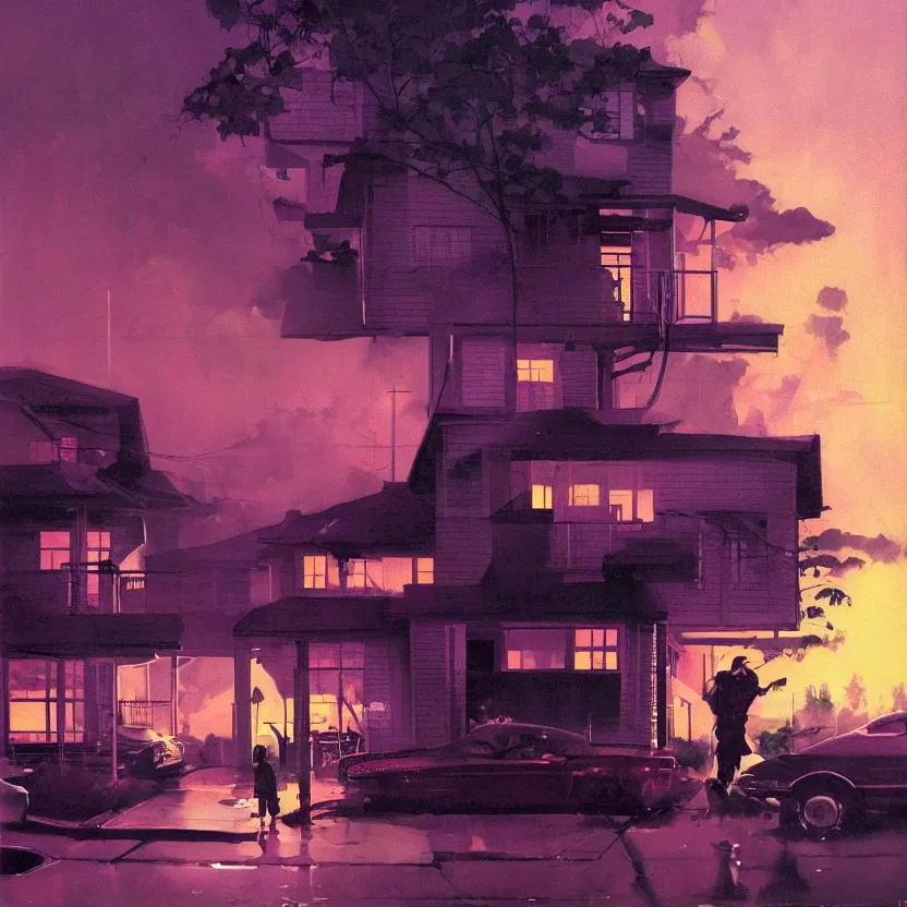 Prompt: a suburban neighborhood with deep pink, purple, and orange glowing clouds. misty atmosphere. highly detailed science fiction painting by norman rockwell, frank frazetta, and syd mead. rich colors, high contrast, gloomy atmosphere, dark background. trending on artstation.