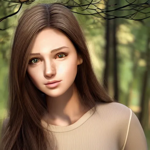 Image similar to real life photo of a beautiful girl, full body photoshoot, long brown hair, brown eyes, full round face, short smile, belly free, long sleeved belly free brown shirt, forest setting, cinematic lightning, medium shot, mid - shot, highly detailed, trending on artstation, unreal engine 4 k, 8 0 mm, 8 5 mm, cinematic wallpaper