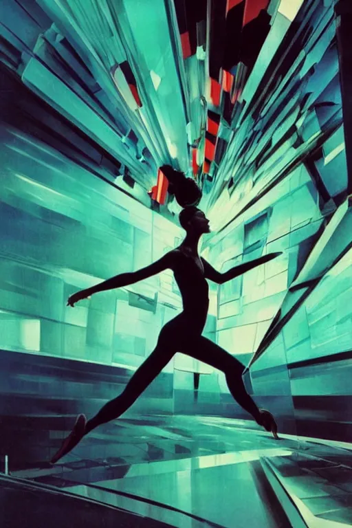 Image similar to wideangle action, a wild beautiful ballet techno dancer tangled in the tendrils of reality, madness, decoherence, synthwave, glitch!!, fractured reality, vortex, realistic, hyperdetailed, concept art, art by syd mead, cubism