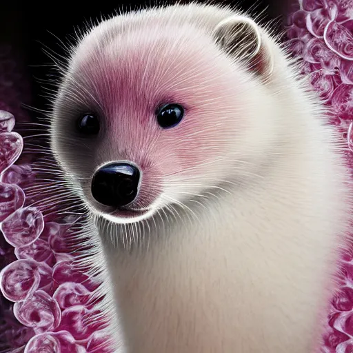 Prompt: white mink with big overfit pink necklace made of chromosomes and bacteria matte biological illustration art hd lilia alvarado 8k starring at camera symmetrical mink face bacteria chromosomes matte