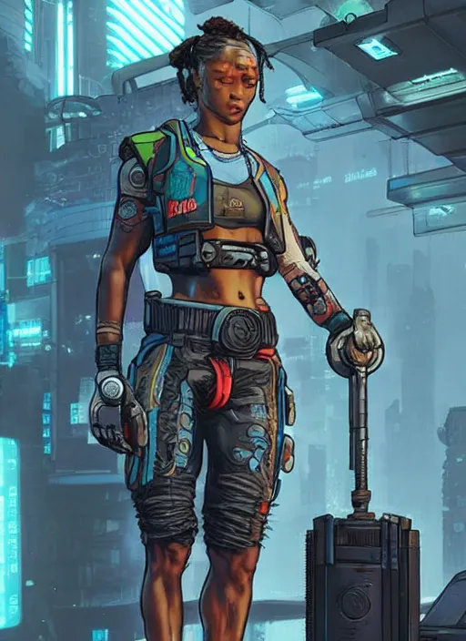 Image similar to sonya. apex legends cyberpunk weight lifter. concept art by james gurney and mœbius. cinematic, dramatic lighting ( cyberpunk 2 0 7 7 ), clean aesthetic