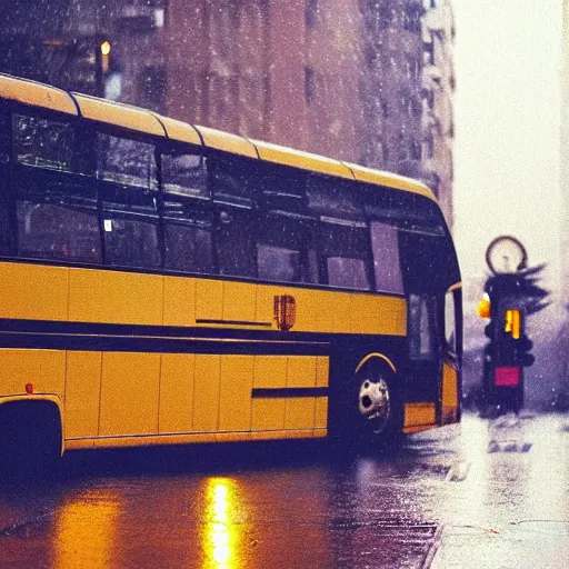 Prompt: 1990s perfect 8K HD professional cinematic photo of a bus in dystopian city, at evening during rain, at instagram, Behance, Adobe Lightroom, with instagram filters, depth of field, taken with polaroid kodak portra