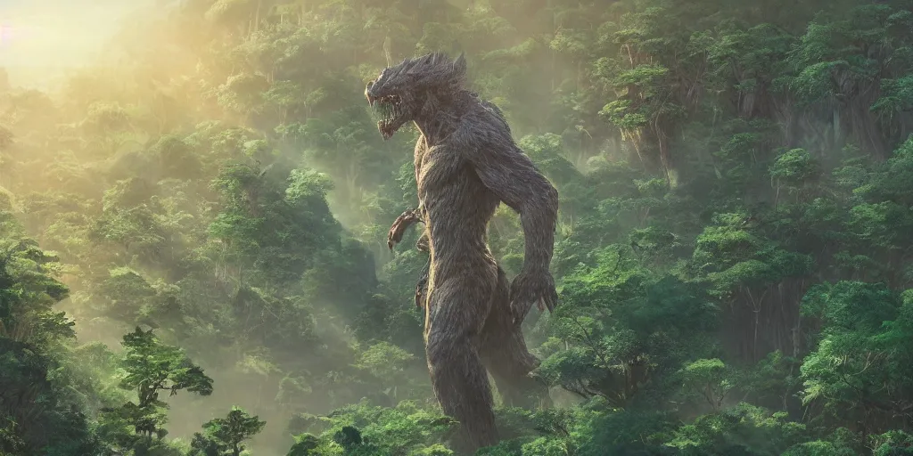 Prompt: close up of a giant monster rising from a forest. view from tree tops, 4 k, artgerm, high detail, dramatic lighting, sunset, hayao miyazaki, masashi ando, nizou yamamoto, kazuo oga, joe hisaishi, yoji takeshige, naoya tanaka