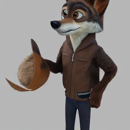 Image similar to far shot, 3d render , anthropomorphic wolf male , wearing along brown leather jacket , in the style of Zootopia