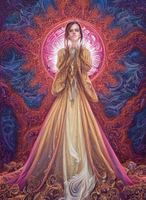 Prompt: beautiful oil painting, full length portrait of Emma Watson in baroque coronation robes 1701, Dan Mumford, Dan Mumford, Alex grey, highly detailed , lsd visuals, dmt fractal patterns, hallucinogen, visionary art, psychedelic art, ornate, vaporwave, baroque, Greg rutkowski