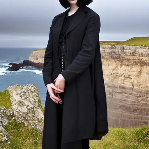 Image similar to 1 7 - year - old pale - skinned persian girl with black long bob cut, long bangs, black gothic jacket, black jeans, psychic girl, psychokinetic girl, standing on cliff along the irish coast, overcast gray skies, ultra - realistic, sharp details, subsurface scattering, intricate details, art by william - adolphe bouguereau