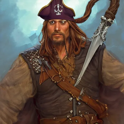 Image similar to Pirate captain wielding a sandstone rapier and sandstone dagger. Wearing a hat with an impressive feather and with a brutal scar across his neck, fantasy D&D character, portrait art by Donato Giancola and Bayard Wu, digital art, trending on artstation, 4k