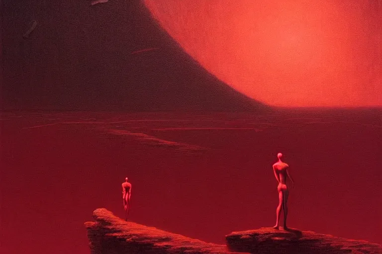 Image similar to only with red, a red god of death eat apple, a futuristic city on mars in background, an ancient path, pathos, in the style of beksinski, part by hopper, part by rodcenko, part by hofbauer, intricate composition, red by caravaggio, insanely quality, highly detailed, masterpiece, red light, artstation