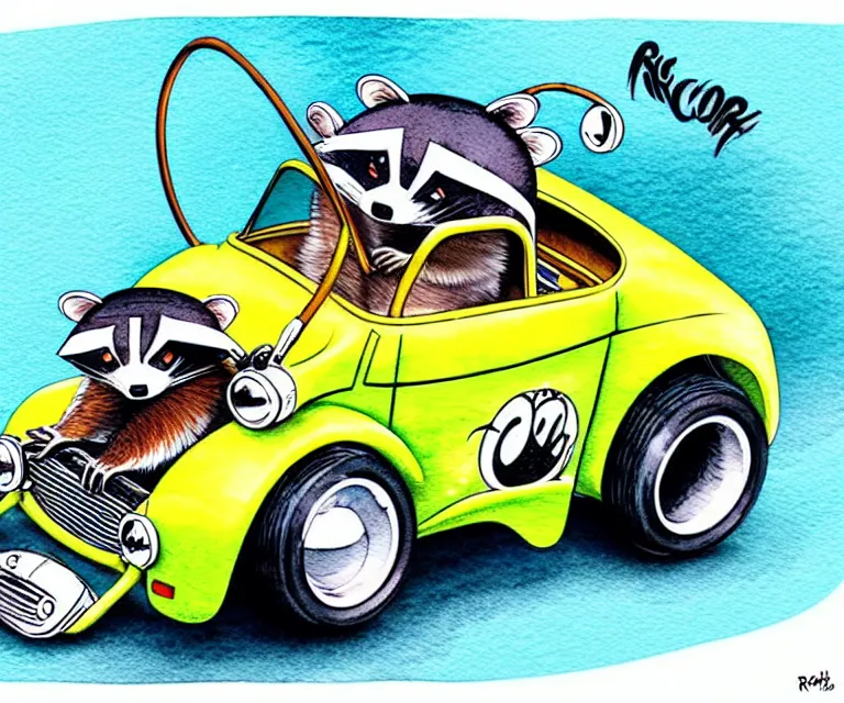 Image similar to cute and funny, racoon wearing a helmet riding in a tiny miniature little hot rod coupe with oversized engine, ratfink style by ed roth, centered award winning watercolor pen illustration, isometric illustration by chihiro iwasaki, edited by range murata