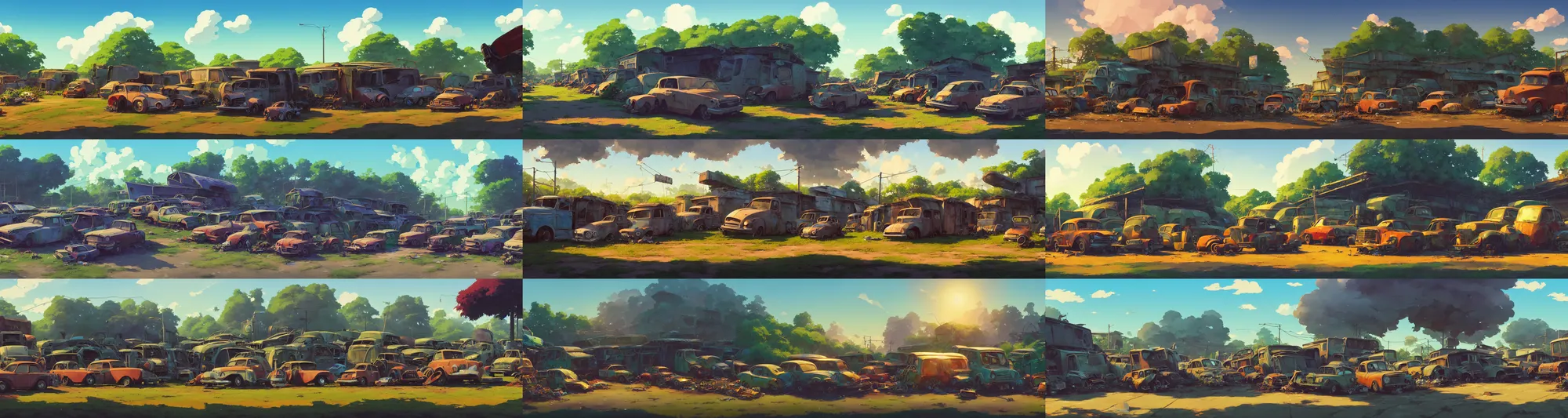 Prompt: a wholesome animation key shot of a rtv scrapyard on side of the road, panorama, studio ghibli, pixar and disney animation, sharp, rendered in gouache painting, anime gouache key art by greg rutkowski, bloom, dramatic, dynamic lighting