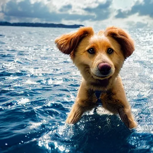 Prompt: a dog taking a dump wearing an astronaut helmet, in the middle of the ocean