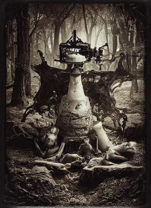 Image similar to old wetplate daguerreotype birth of civilization in times of eternal summoning, fractal, intricate, elegant, highly detailed, parallax, leica, medium format, subsurface scattering, by jheronimus bosch and greg rutkowski and louis jacques mande daguerre