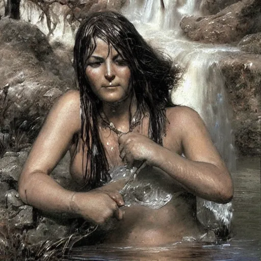 Prompt: !dream a barbarian woman washing her hair in a stream, full body, by frank franzetta