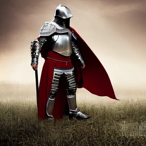 Image similar to man in crusader armor and cape with big red cross on it digital art realistic high detail