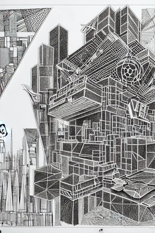 Image similar to a black and white drawing of a science fiction building, cityscape, a detailed mixed media collage by hiroki tsukuda and eduardo paolozzi and moebius, intricate linework, sketchbook psychedelic doodle comic drawing, geometric, street art, polycount, deconstructivism, matte drawing, academic art, constructivism