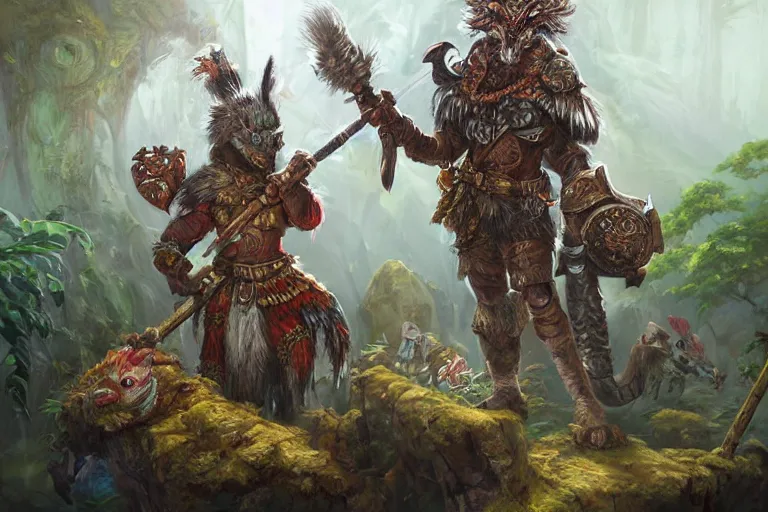 Prompt: dungeons and dragons fantasy painting, close order phalanx of feathered mice spartans, 3 0 0, whimsical and cute, aztec, mayan, determined expressions, watery eyes, anime inspired, face paint, tufty whiskers, macuahuitl, vibrant colors, in the jungle, by brain froud jessica rossier and greg rutkowski