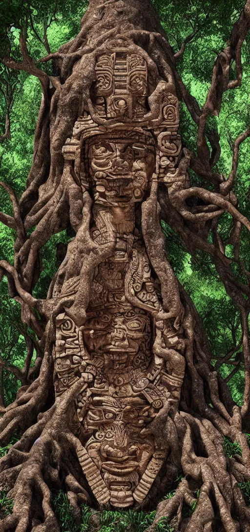 Image similar to portrait of mayan gods carved in a tree, octane render, photorealism, highly detailed, hdr, 8 k, complex 3 d render, hyper detailed, ultra sharp