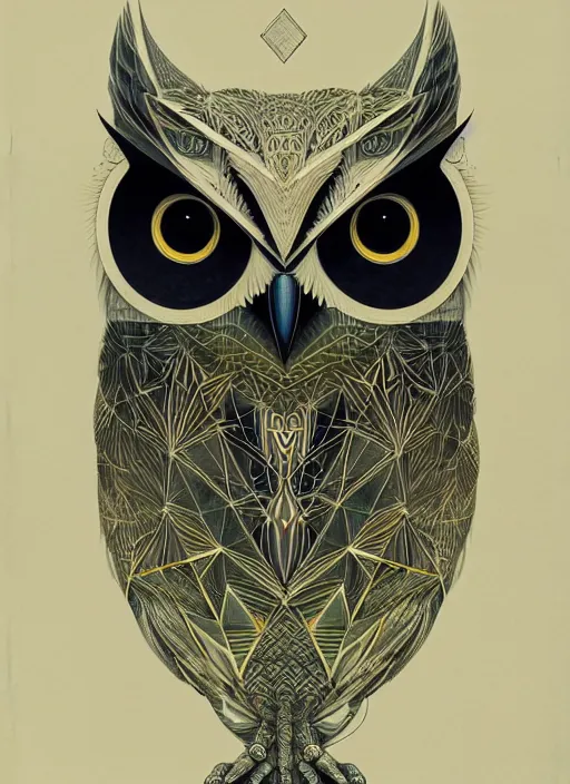 Image similar to portrait of a geometric owl, identical eyes, medium shot, illustration, full body made of white feathers, symmetrical, art stand, super detailed, cinematic lighting, and its detailed and intricate, gorgeous, by peter mohrbacher