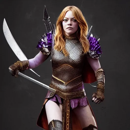 Prompt: full body photo of emma stone as a warrior with amethyst encrusted armour