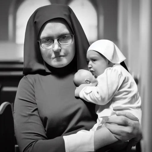 Image similar to a nun sitting in church holding a demonic baby on her lap