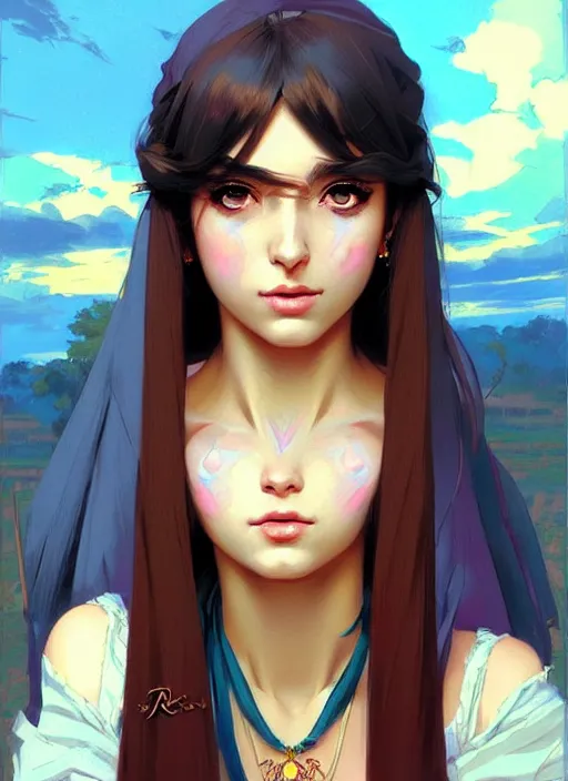 Prompt: a comic portrait of an gypsy girl, fine - face, cel shaded perfect face, fine details, jewelry, night setting. very anime style. realistic shaded lighting poster by ilya kuvshinov katsuhiro, magali villeneuve, artgerm, jeremy lipkin and michael garmash, rob rey and kentaro miura style, trending on art station