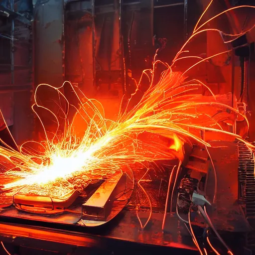 Image similar to overcharging toaster oven, tangles of metallic cables, dark messy smoke - filled cluttered workshop, dark, dramatic lighting, orange tint, sparks, plasma charges, cinematic, highly detailed, sci - fi, futuristic, movie still