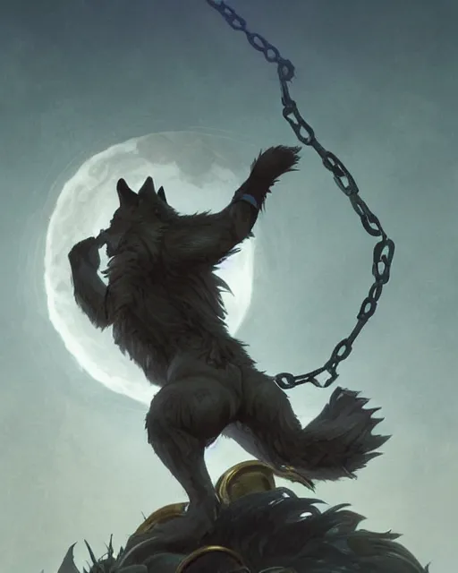 Image similar to '' Illustration a wolf (Fenrir) breaking its chains, (night), (moon in the background), league of legends, Fenrir, LOL, fantasy, d&d, digital painting, artstation, concept art, sharp focus, illustration, art by greg rutkowski and alphonse mucha ''