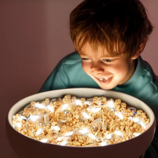 Prompt: kid eating bowl of LEDs cereal