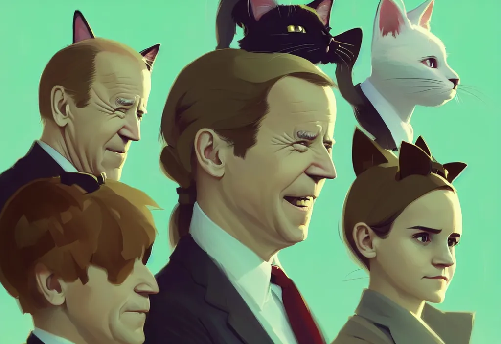 Prompt: joe biden and emma watson with cat ears, epic debates, presidental elections candidates, cnn, fox news, fantasy, by atey ghailan, by greg rutkowski, by greg tocchini, by james gilleard, by joe gb fenton, dynamic lighting, gradient light green, brown, blonde cream, salad and white colors in scheme, grunge aesthetic