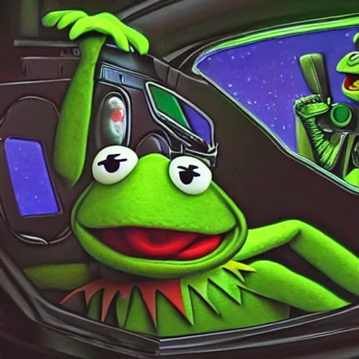 Image similar to a highly detailed portrait of Kermit the frog piloting a spaceship, lots of displays, dramatic lighting, realistic 8k photography