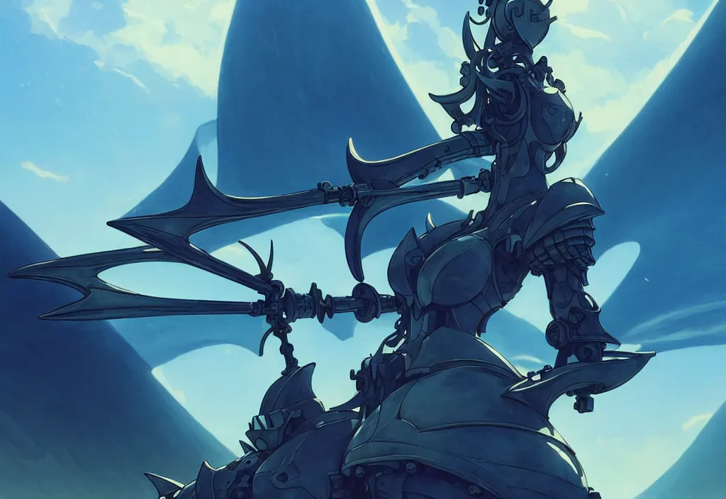 Image similar to close up of a mech armor witch holding a trident, extremely beautiful and aesthetic and detailed cute face and body, back shark fin, big wave horizon, specular reflection, occlusion shadow, dynamic pose, slightly smiling, blue sky, big blade whale and black giants minotaurus, fantasy illustrations, by makoto shinkai and peter mohrbacher and ferdinand knab