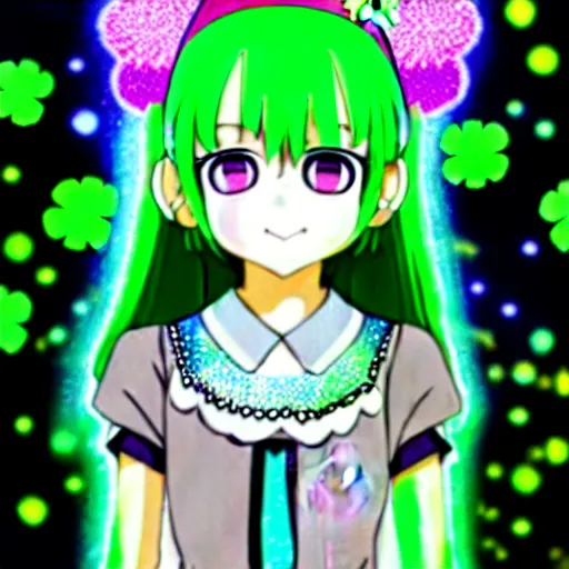 Image similar to a hologram of moe styled green haired yotsuba koiwai with an anonymous mask, wearing a gothic lolita decora spiked jacket, background full of lucky clovers and shinning stars, holography, irridescent