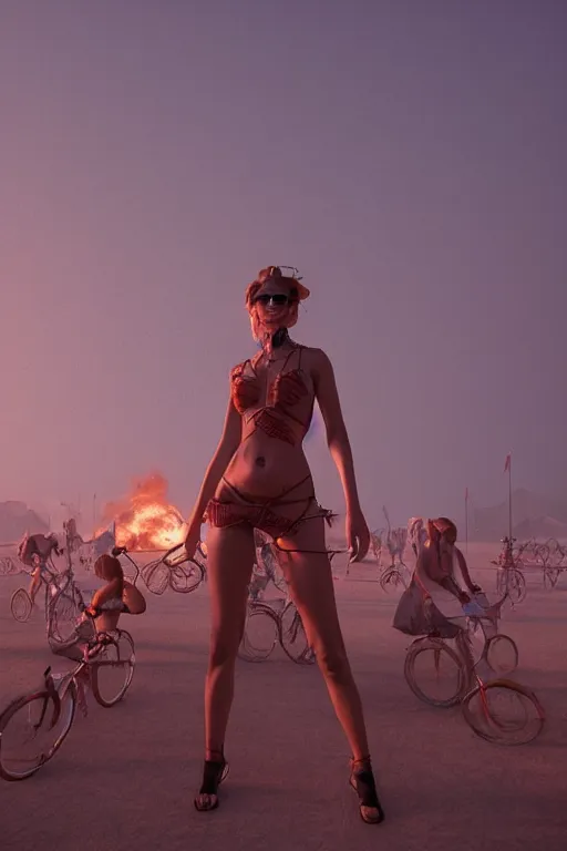 Image similar to a photo of a girl a burning man festival, powerful, cinematic, beautifully lit, by artgerm, by craig mullins, by galan pang, 3 d, trending on artstation, octane render, 8 k