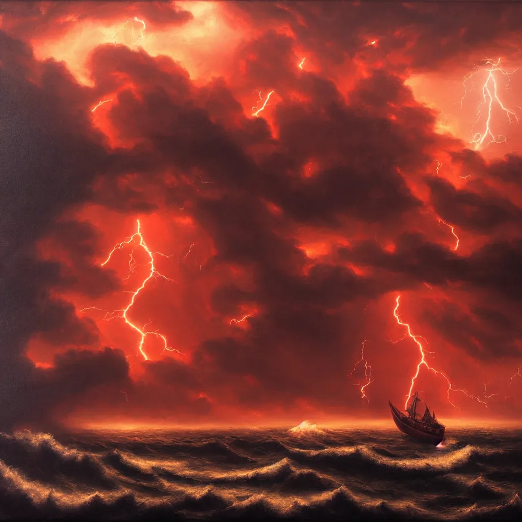 Image similar to a fantasy landscape. subject : giant dark red kraken, stormy sea, giant waves, lightning in the background, small boat, oil painting, 4 k