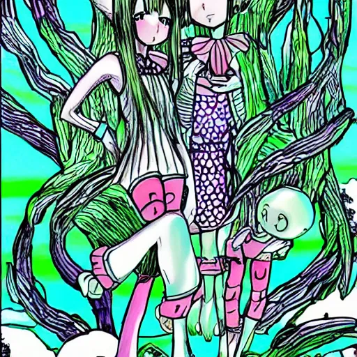 Prompt: manga anime style psychedelic mushroom family