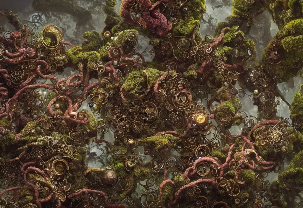 Prompt: illustration and highly detailed render of a strange moss fungus and coral creature, tendrils, steampunk, biological machinery, microbiological environment, ultra realistic, concept art, intricate details, cheerful, highly detailed, photorealistic, octane render, 8 k, unreal engine. art by hr guger and artgerm and greg rutkowski and alphonse mucha