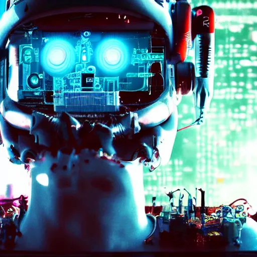 Image similar to Beautiful Photo of Arduino Uno in the robot's head. Cyberpunk. splatterpunk. 4K