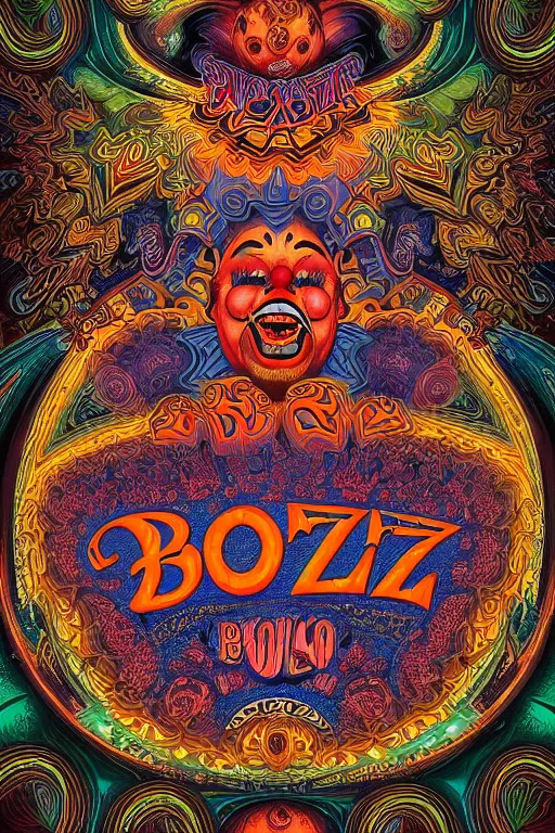 Image similar to Flowing lettering that says The Bozone, Fillmore concert poster for The Bozone by Robert Crumb, by Victor Moscoso, by Laurie Lipton, black light velvet poster, intricate paisley filigree, Bozo the clown. Clown motif, Shiny bulbous red clown nose at the center of an infinite fractal mandala tunnel of clowns, Unreal Engine, Cryengine, Artstation