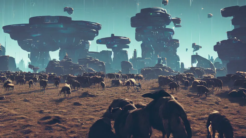 Image similar to Cyberpunk cowboys herding sheep in a No Man's Sky landscape