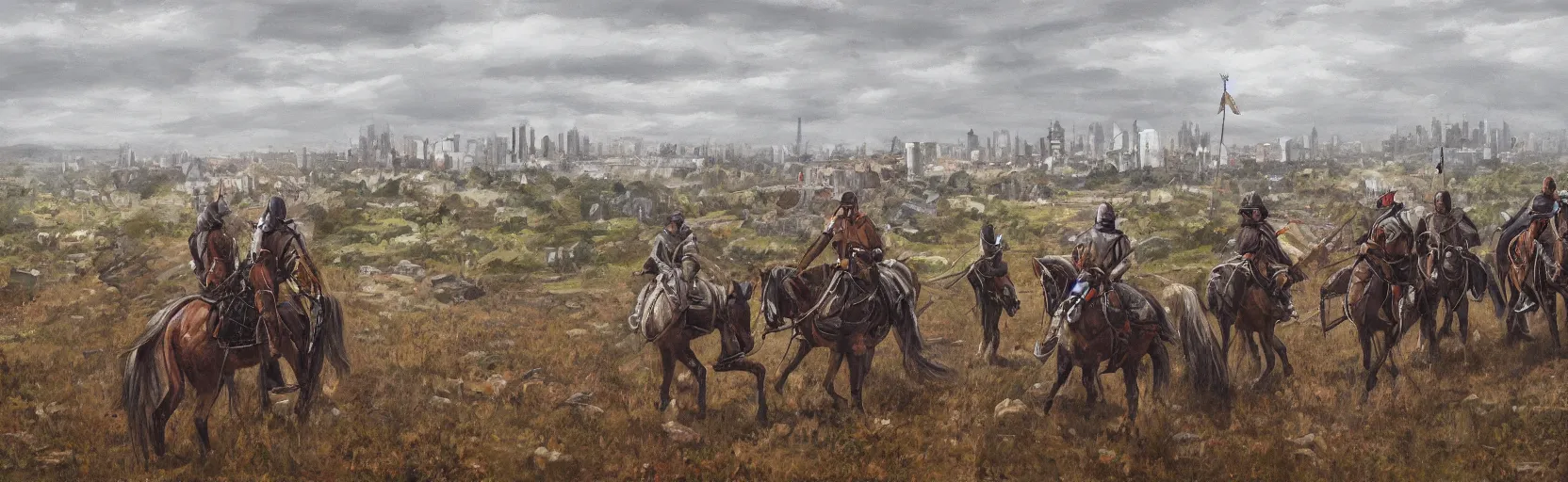 Image similar to horseback knights at scenic overlook; cloudy, grey skies, tent camp in foreground, fortress city of deteriorating office buildings in background upon hill, post apocalyptic, grungy; oil on canvas, artstation