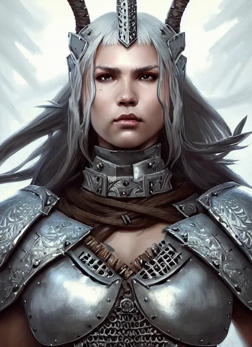 Prompt: barbarian, plated armor!!! long wild white hair!! covered chest!!! fantasy, d & d, intricate ornate details, digital painting, pretty face!!, symmetry, concept art, sharp focus, illustration, art by artgerm! greg rutkowski magali villeneuve wlop! ilya kuvshinov!!, octane render