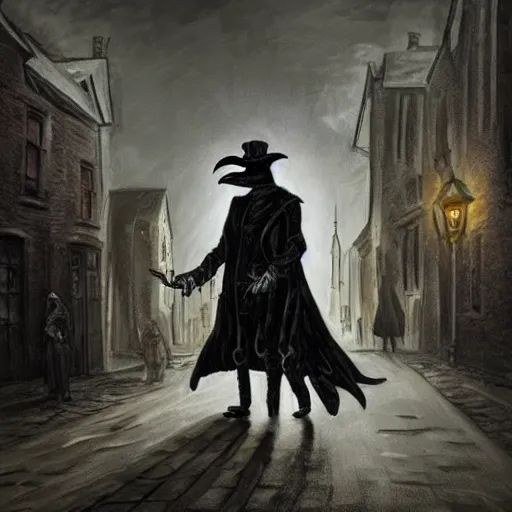 Image similar to a plague doctor walks through a Victorian city, dark atmosphere, detailed, dark Colors