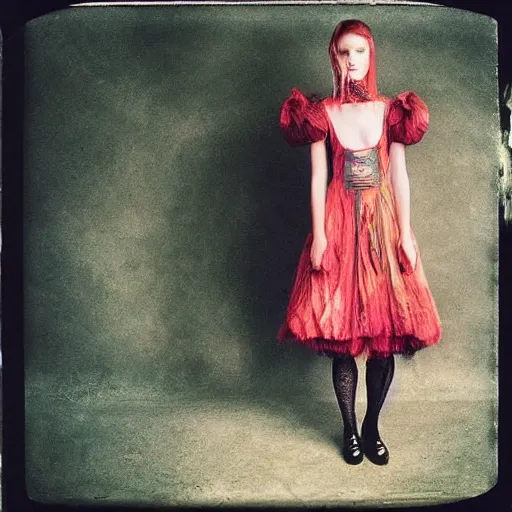 Image similar to kodak portra 4 0 0, wetplate, photo of a surreal artsy dream scene,, girl, weird fashion, grotesque, extravagant dress, photographed by paolo roversi style