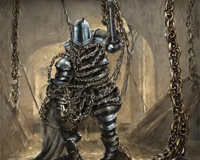 Image similar to [ 1 6 k realism ] a mettallic knight covered in chains in a dirty filthy basement, the knight is being tortured by a skinny princess made of teeth