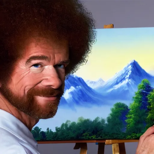 Image similar to a closeup photorealistic photograph of bob ross working on a canvas painting sonic the hedgehog. film still. brightly lit scene. mountain scape. this 4 k hd image is trending on artstation, featured on behance, well - rendered, extra crisp, features intricate detail, epic composition and the style of unreal engine.