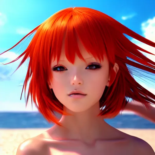 Prompt: render as a very beautiful 3d anime girl, short orange red hair, hazel eyes, full round face, short smile, cute bikini, serene beach setting, cinematic lightning, medium shot, mid-shot, highly detailed, trending on Artstation, Unreal Engine 4k, cinematic wallpaper